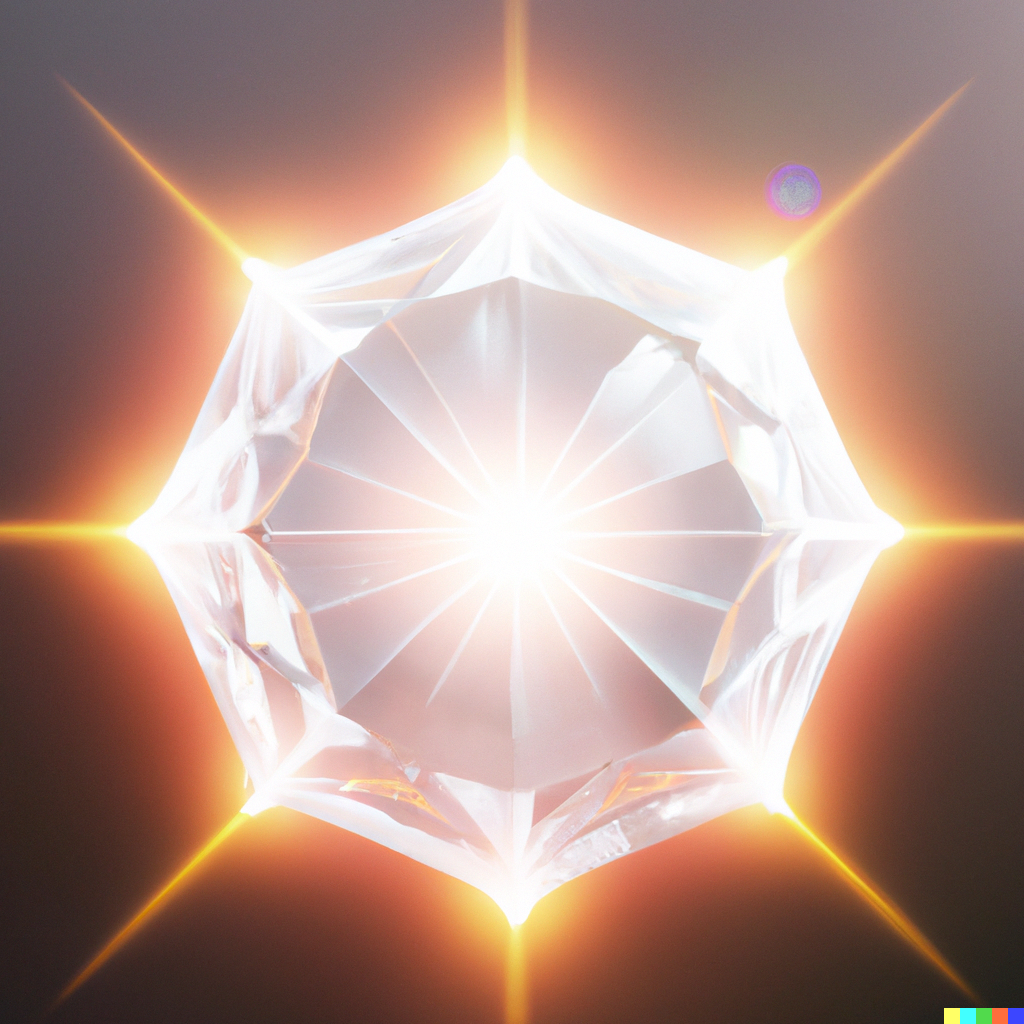 a white dwarf star, also known as diamond star, with a crystallised ion core, digital art, drawn by DALL-E